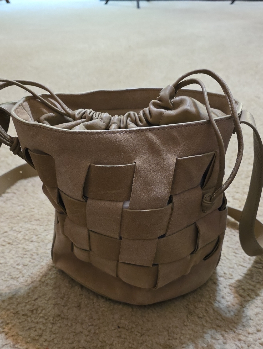Vince Camuto Taupe Woven Bucket Bag with Drawstring